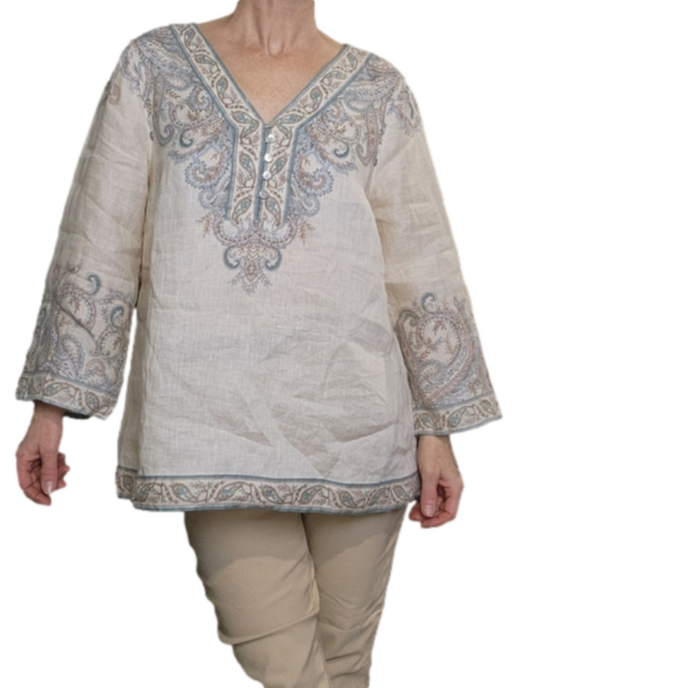 Shirt pullover 100% Linen Paisley BOHO Cream color and blues Size S-M J.JILL - Picture 5 of 14